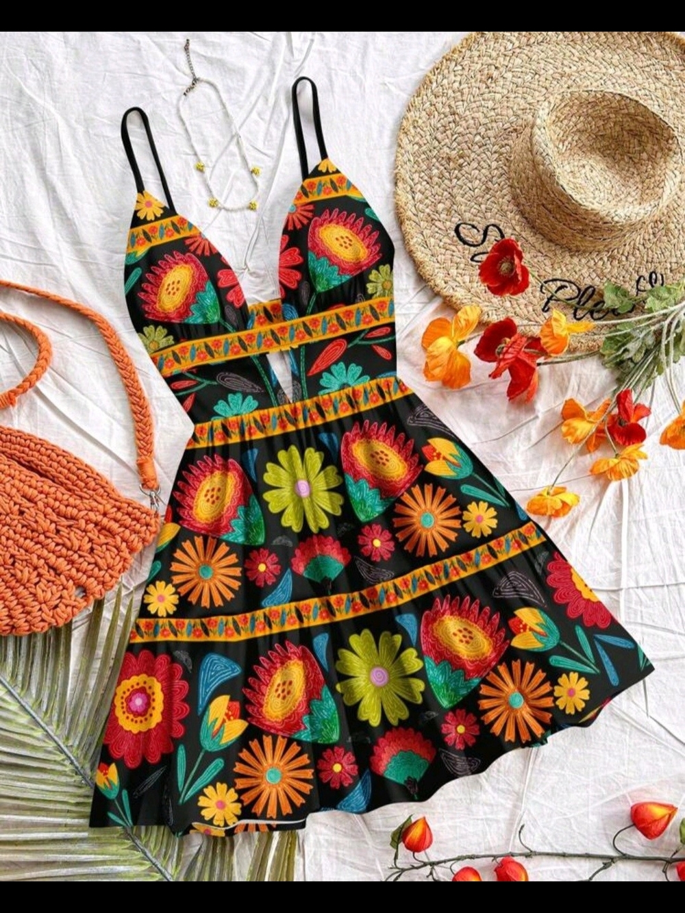 SHEIN Black Mini Dress with Vibrant Floral Print